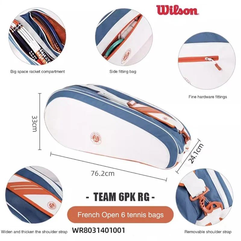 Wilson tas raket tenis Perancis, tas raket tenis olahraga luar ruangan kapasitas besar, ringan, dapat menyimpan 6/3 raket tenis