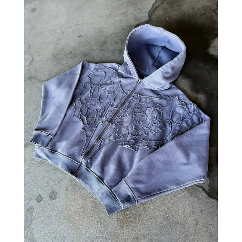 American Y2K Harajuku Retro gotico punk ricamato con cerniera giacca con cappuccio da uomo tendenza casual felpa oversize da donna Street wear