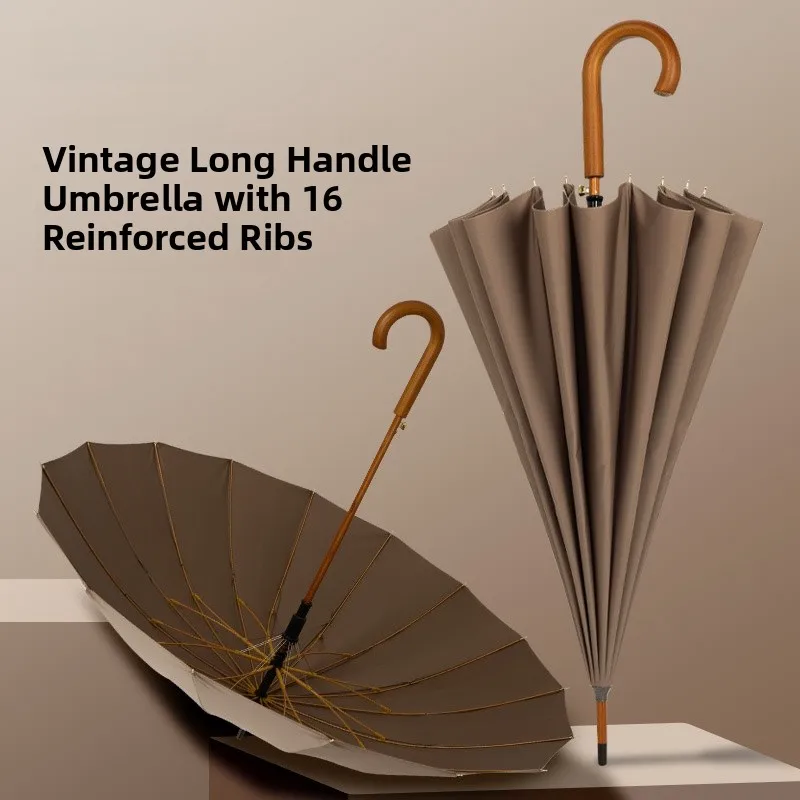 

Retro 6 Rib Wooden Handle Long Handle Rain Umbrella Men's Coffee Color Straight Rod Reinforced Windproof Wooden Bend H...