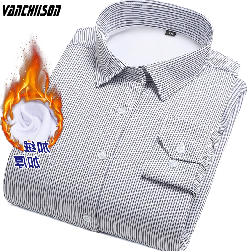 

Male Thick Fleeced Shirt Warm for Autumn Winter Stripes Long Sleeve Male Fashion Clothing 00547