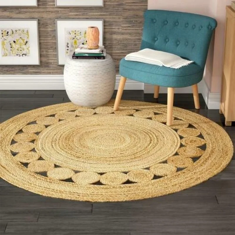 Rug Jute Natural Round 100% Handmade Reversible Braided Modern Rustic Look