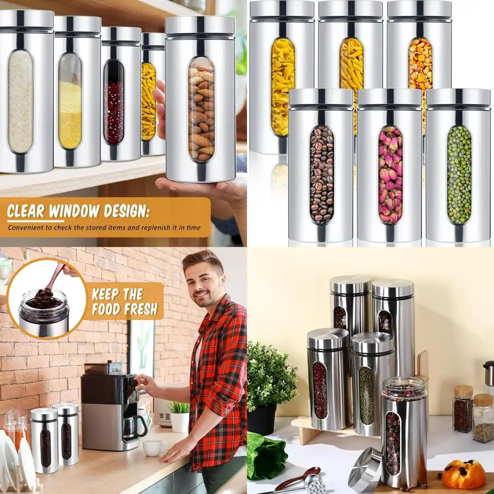 

Airtight Stainless Steel Kitchen Canisters Set with Glass Windows for Coffee, Sugar, Tea, and Spices Storage (44 oz)