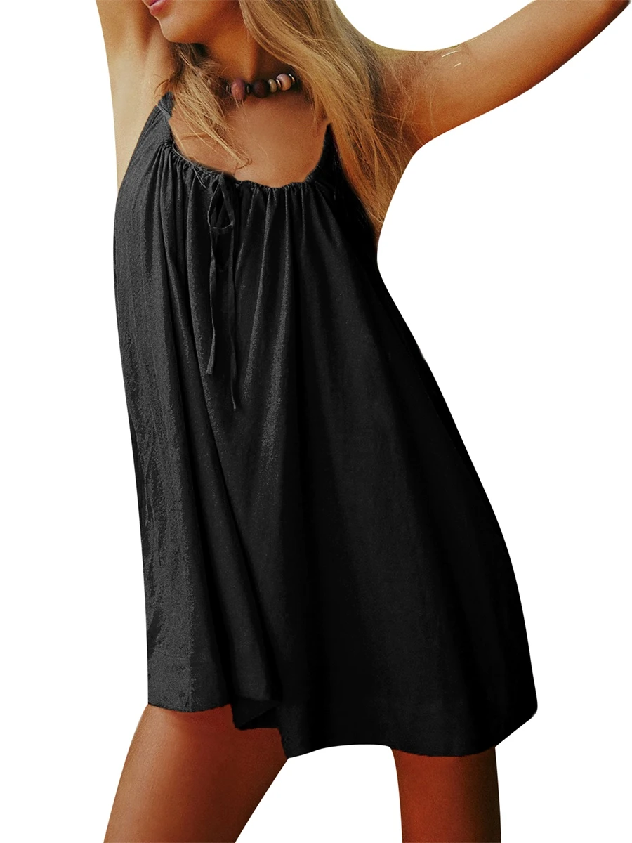 

Women Y2k Mini Dress Spaghetti Strap Scoop Neck Short Dress Solid Color Backless Loose Cami Dress Beachwear