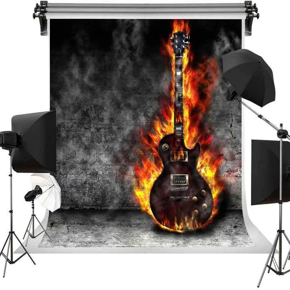 Burning Guitar Photography Backdrops Dark Grey Wall Background Wallpaper Party Decoration Banner Poster Photo Booth Props