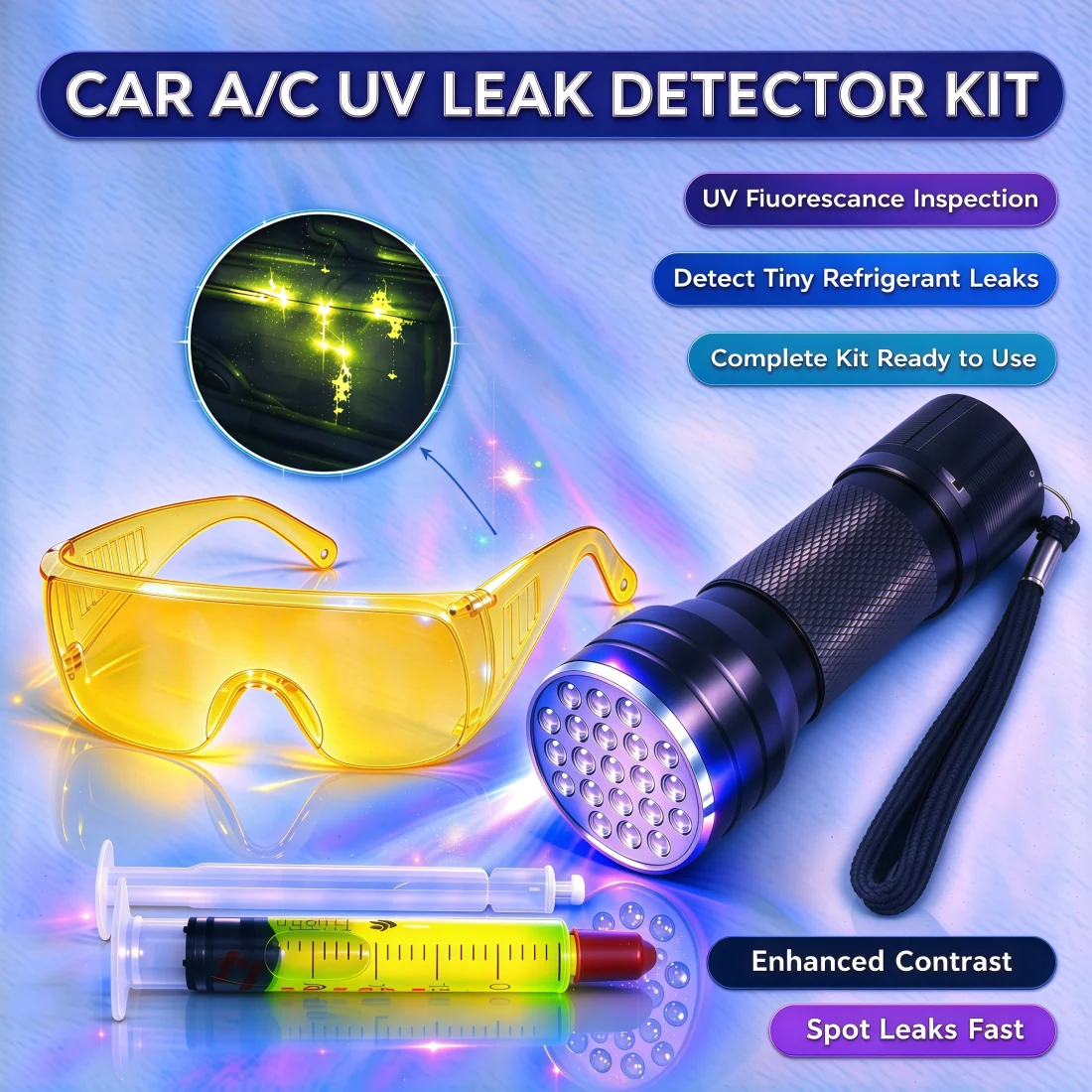 21 LED UV Flashlight Car A/C UV Leak Detector Kit Refrigerant Leak Test Tool for Auto Air Conditioning R134a R1234yf