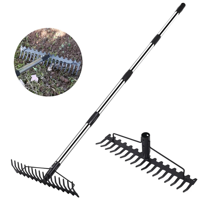 Bow Rake Heavy Duty Garden Rake 17 Steel Tines Metal Head Rake Tool For Loosening Soil Gathering Leaf Leveling Lawn