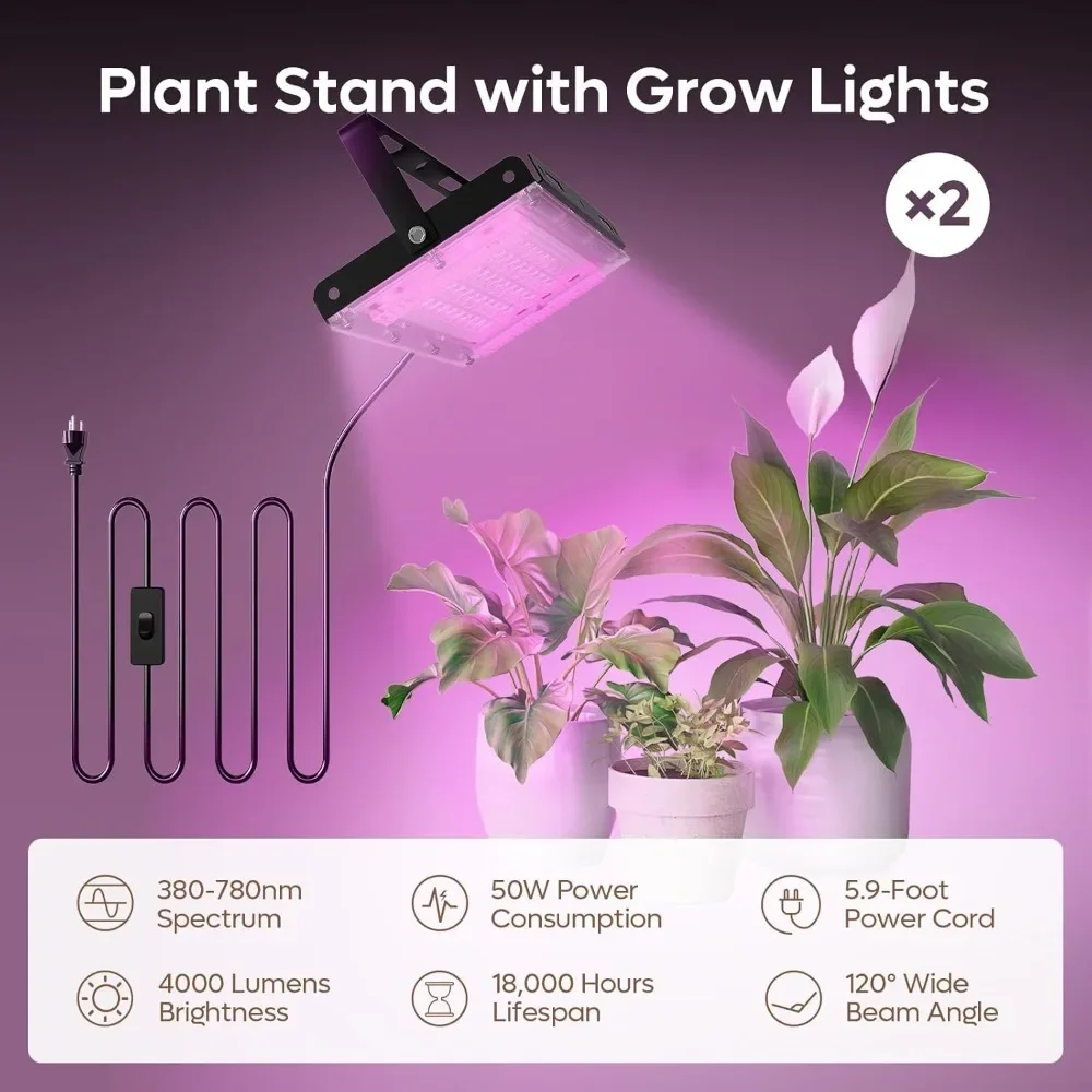 Suporte de planta de 2 pces interno com luzes de cultivo, suporte de planta de metal de 6 camadas com rodas para plantas múltiplas, suporte de planta grande