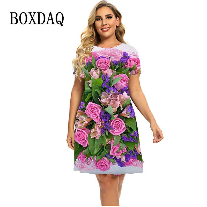 3D Pink Rose Floral Print Dresses Women 2023 Fashion Summer Flower Theme Short Sleeve Dress Streetwear Loose Plus Size Clothing