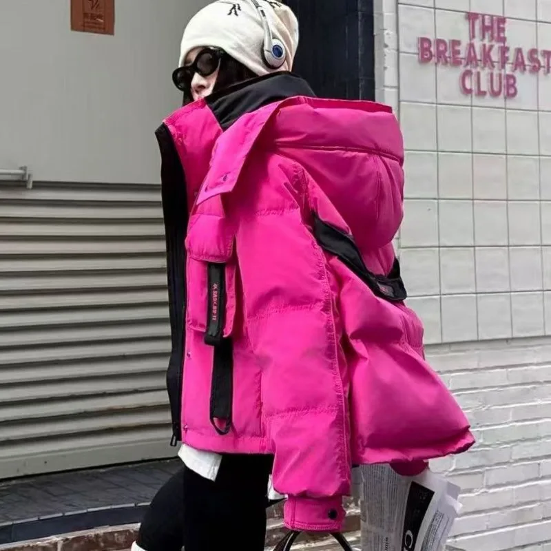 New Trendy Brand Color Matching Fashionable Versatile Hooded Thin Down Jacket Women's Loose Thin Coat  High Appearance Level