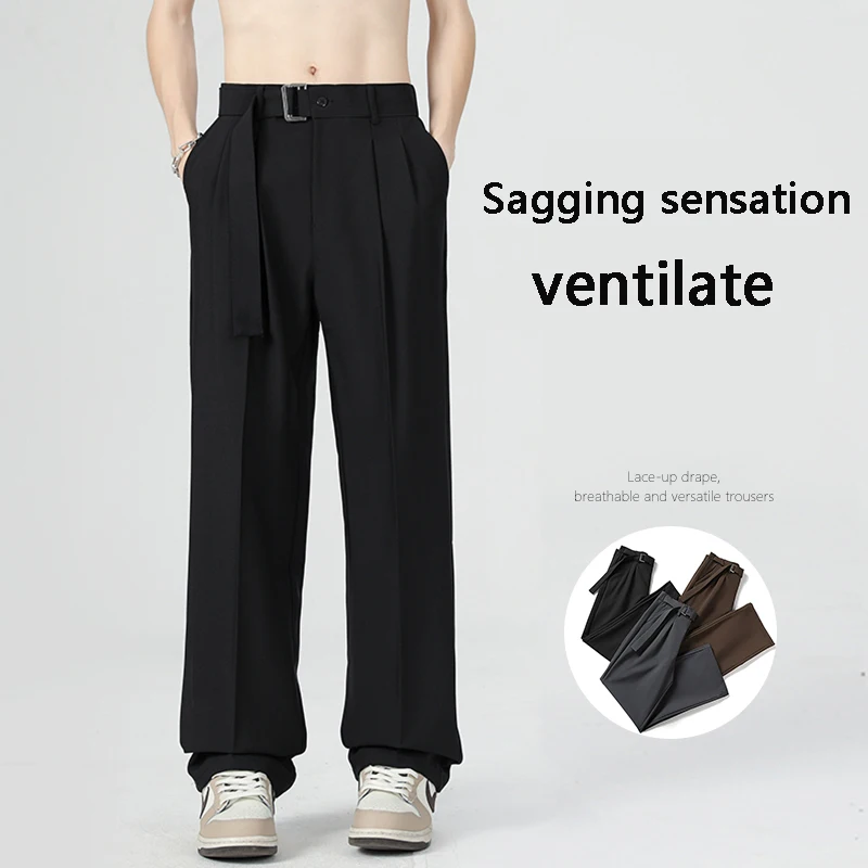 

Брюки мужские из вискозы, приталенные штаны с широкими штанинами, в западном стиле, модные брендовые повседневные штаны с прямыми штанинами, лето