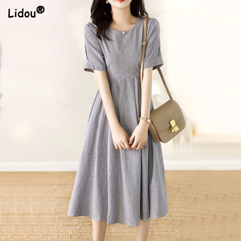 

Elegant Classic Lattice Lacing Dresses Round Neck Solid Color Button Knee Skirts Summer Thin Women's Clothing Casual Simplicity