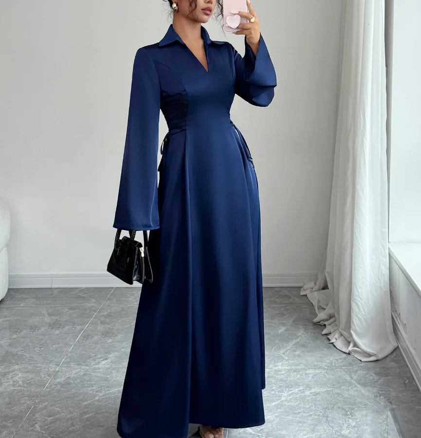 

Elegant Casual Style High-End Long Sleeved Dress Autumn Lapel Solid Color Women's Elegant Waist Cinched A-Line Slim Fit Dress