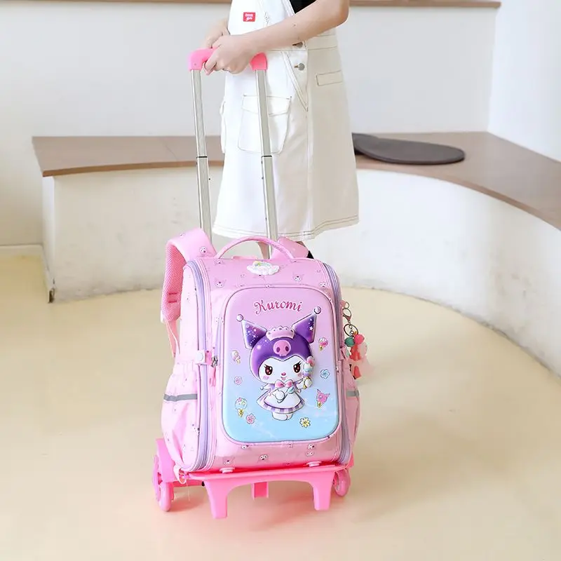 Kuromi Trolley School Bag Cartoon Sanrios Children School Backpack with Wheels Climbable Stairs Students 1-3-6 Grade Schoolbag