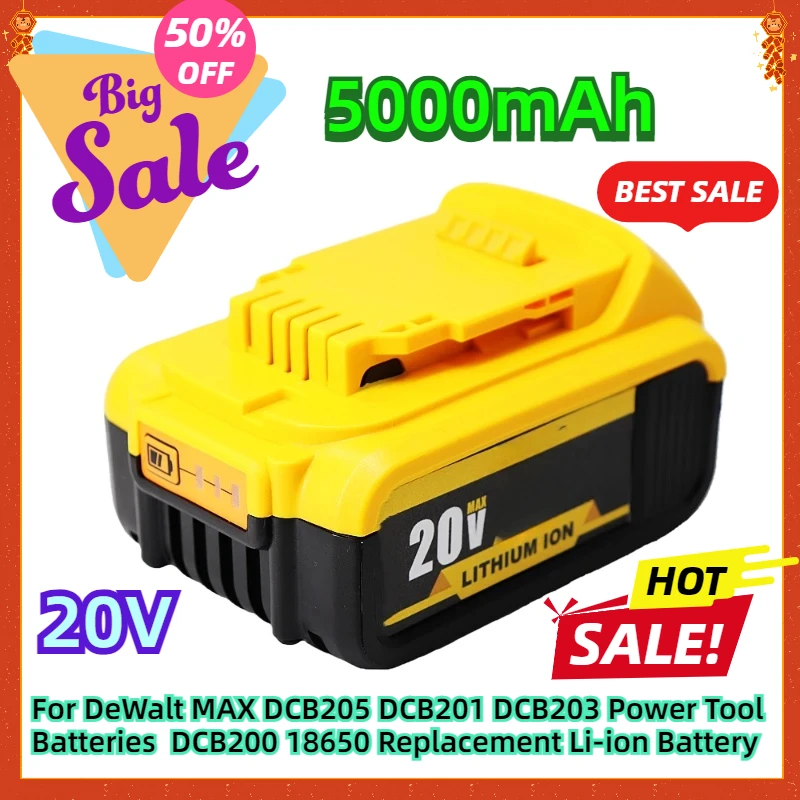 For DeWalt MAX DCB205 DCB201 DCB203 Power Tool Batteries  DCB200 18650 Replacement Li-ion Battery