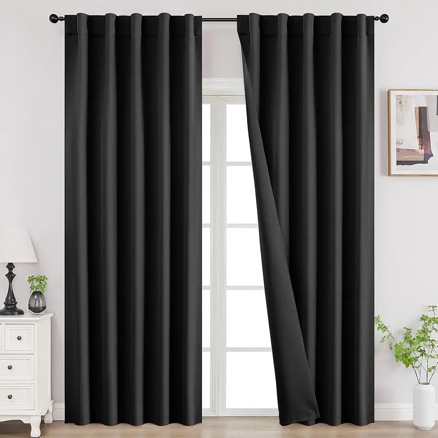 

Blackout Curtains for Bedroom, Black Out Curtains 96 Inch Long, Black Curtains with Rod Pocket Back Tab, Room Darken Light Block
