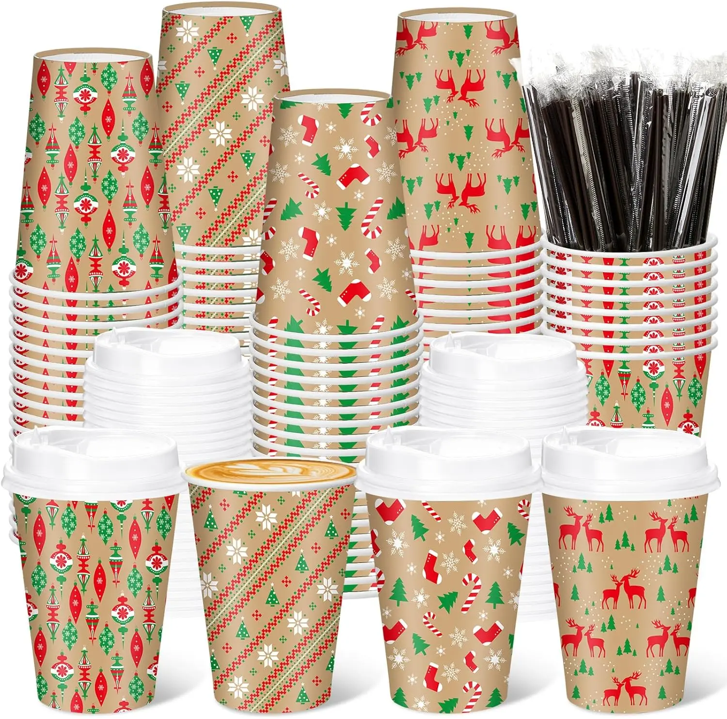 

100 Pcs 12 oz Christmas Coffee Cups with Lids and Straws Disposable Christmas Paper Drinking Cups for Hot Cocoa Hot Choc
