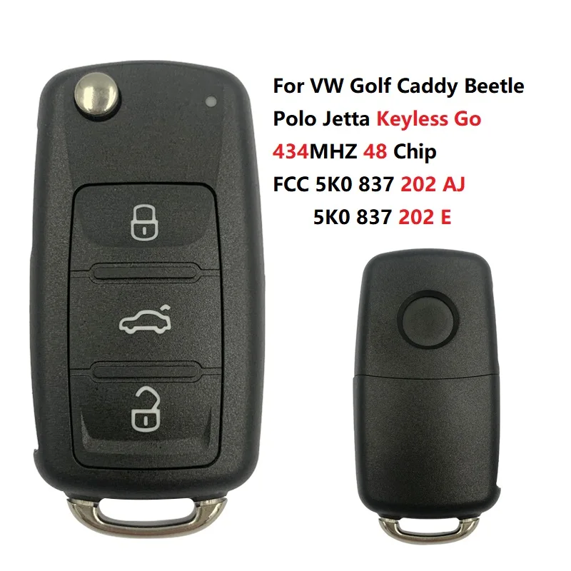 

CN001060 Flip Remote Key Keyless Fob For VW Golf Caddy Beetle Polo Jetta 5K0837202AJ 5K0837202E 434MHZ 48 Chip