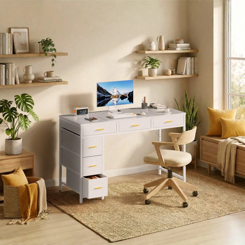 Computer Desk 47 Inch with 6 Drawers Fabric Storage Steel Frame Vintage Writing Table for Home Office White