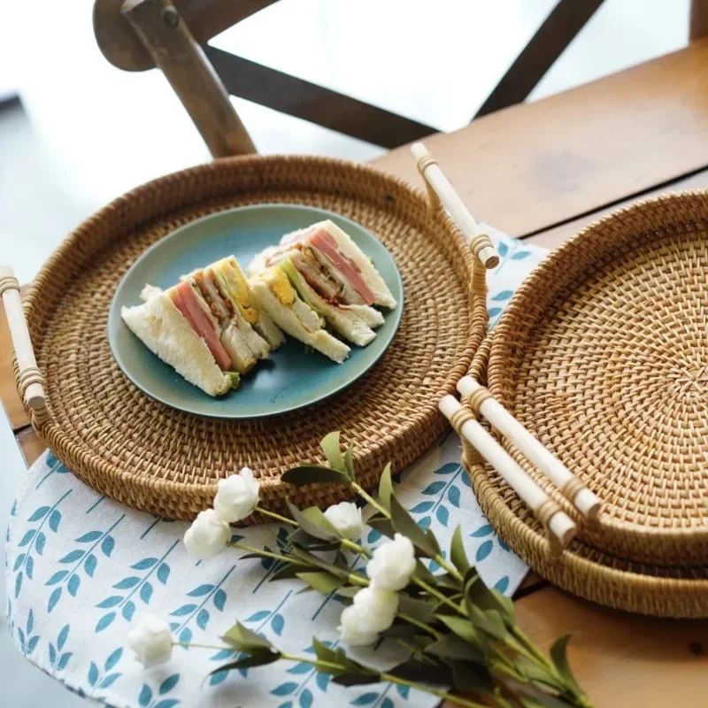 

Handwoven Round Rattan Basket Bread Storage Baskets Fruit Tea Snack Picnic Tray Storage Box Kitchen Supplies Organizer