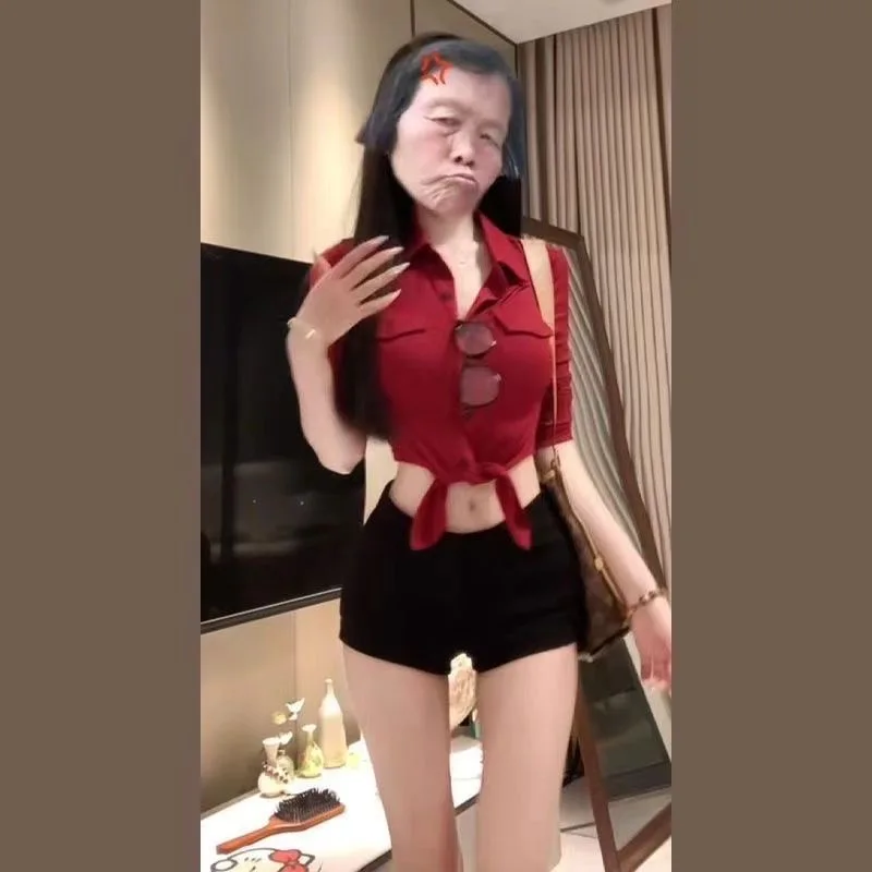 Summer 2026 Pure Desire Hot Girl Short Sleeve Shirt Slimming Waist Exposing Belly Button Sweet And Spicy Women's  Neck Top