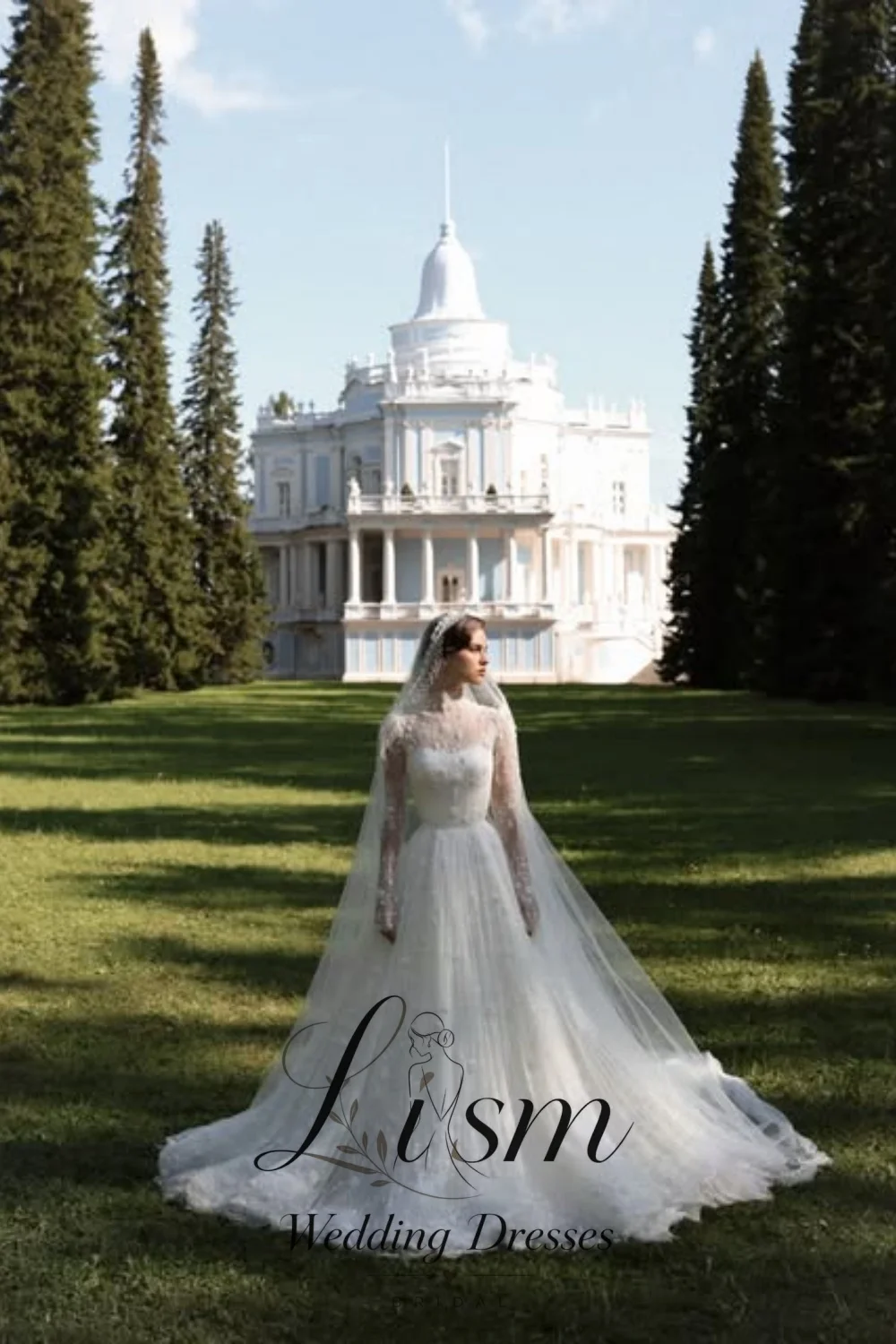 Lism Elegant Ivory Lace Wedding Dress High Neck Long Sleeve A-Line Sweep Train Bridal Dress for Bride Robe De Mariée Customized