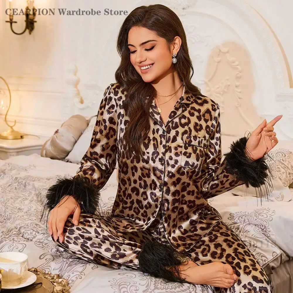 

Fashion Leopard Pajamas 2 Piece Set Long Sleeve Trouser Pijamas Suit Lounge Wear Spring Summer Ice Silk Sleepwear Loose Homewear