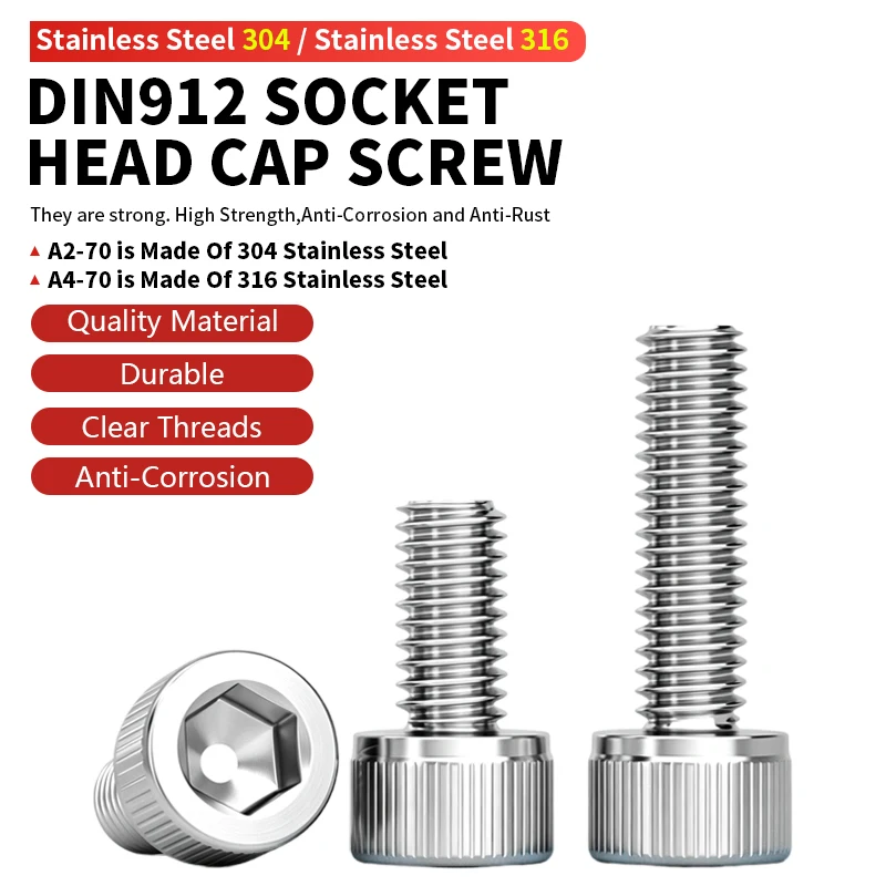 DIN912 A2-70 A4-70 304 & 316 Stainless Steel Hex Socket Allen Head Cap Screws Fasteners M2 M2.5 M3 M4 M5 M6 M8 M10