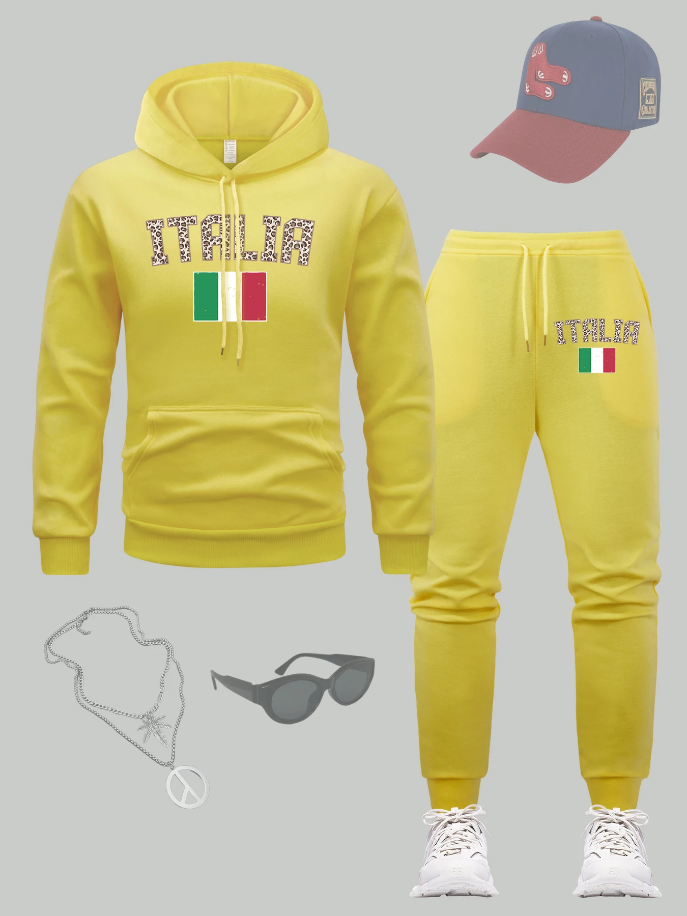 

Italia Art Letter Printing Мужской комплект с капюшоном Карманные спортивные штаны в стиле хип-хоп Осенний флисовый пуловер Разноцветные универсальные комплекты брюк