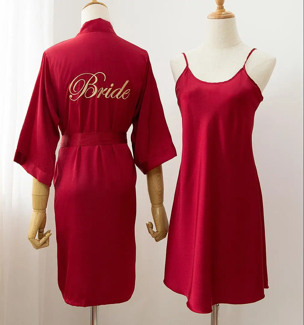 2PCS Kimono Bathrobe Gown Embroidery Letter Women Burgundy Bride Bridesmaid Wedding Sleepwear Casual Nightgown Intimate Lingerie