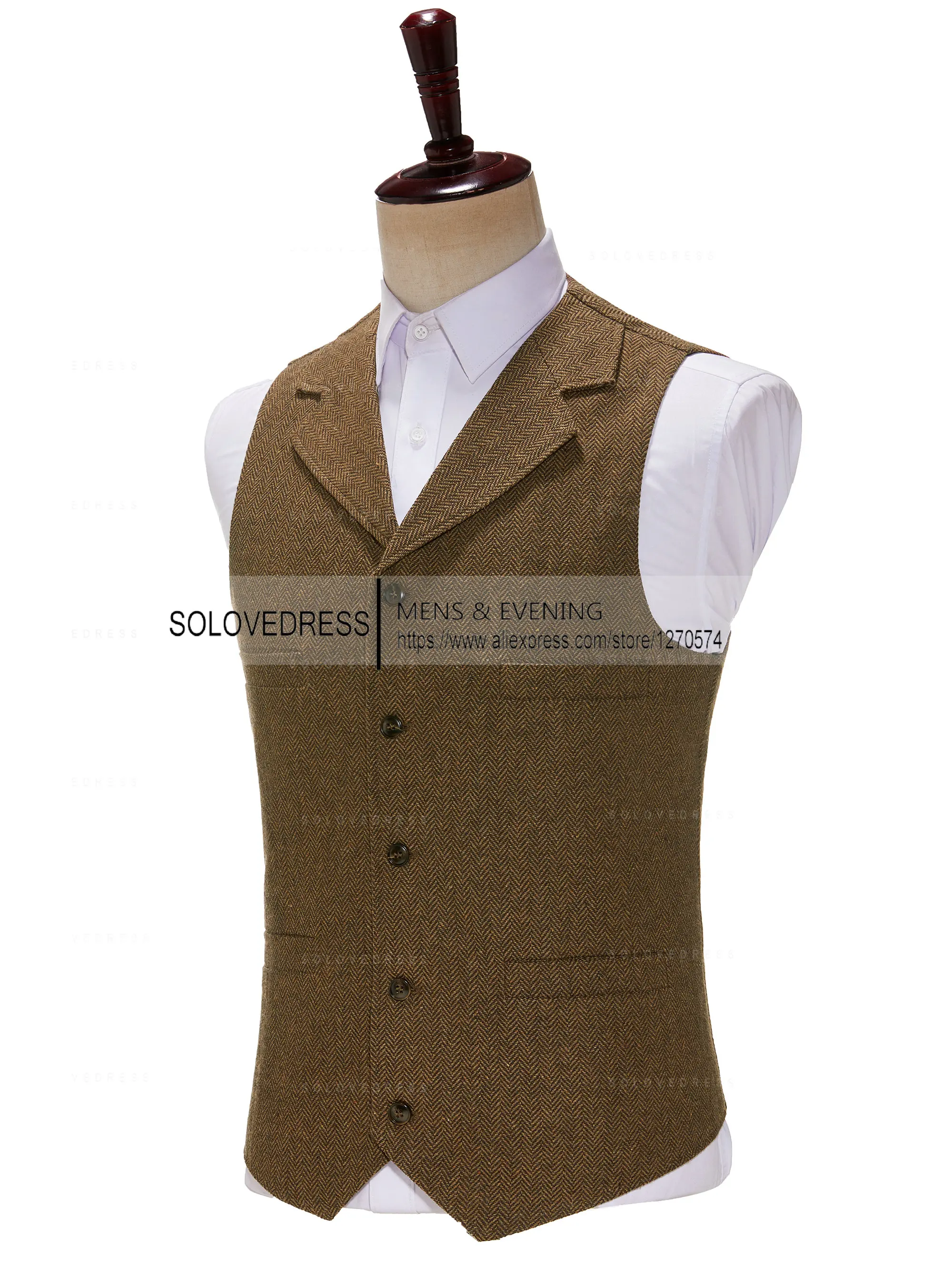 Business Mens Suit Vest Lapel V Neck Wool Herringbone Casual Brown Waistcoat Casual Formal Groomsman Jacket For Wedding