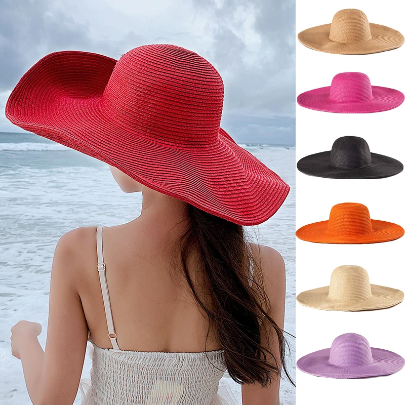 Women 15cm Wide Brim Sun Hat Summer Travel Floppy Straw Hat Female Outdoor Vacation Roll Up UPF50+ Oversized Foldable Beach Hat