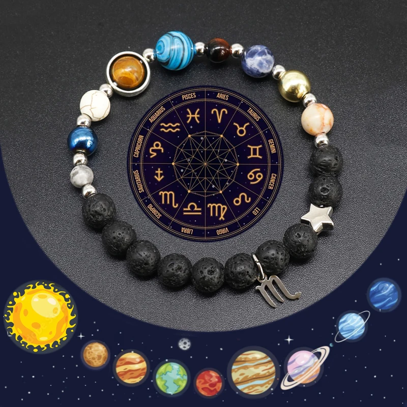 Galaxy Planets Solar System Bracelet Men Women Zodiac Virgo Cancer Leo Libra 12 Constellation Bracelet For Women Friendship Gift