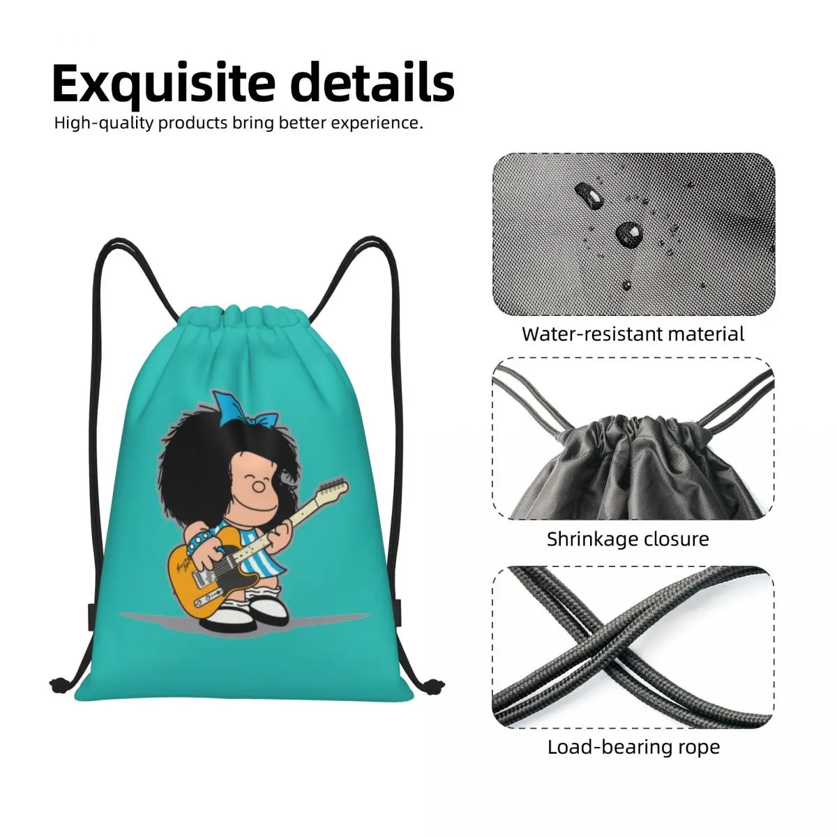 Custom Mafalda Playing Her Guitar Drawstring Backpack Women Gym Sport Sackpack Portable Quino Kawaii Cartoon Shopping Bag Sack