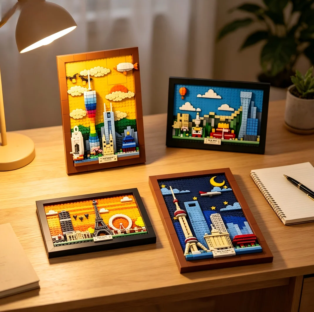 City Skyline Postcard MOC Building Blocks, New York Shanghai Beijing City Model, DIY Wall‑Hanging Display Hobby Collectible Gift