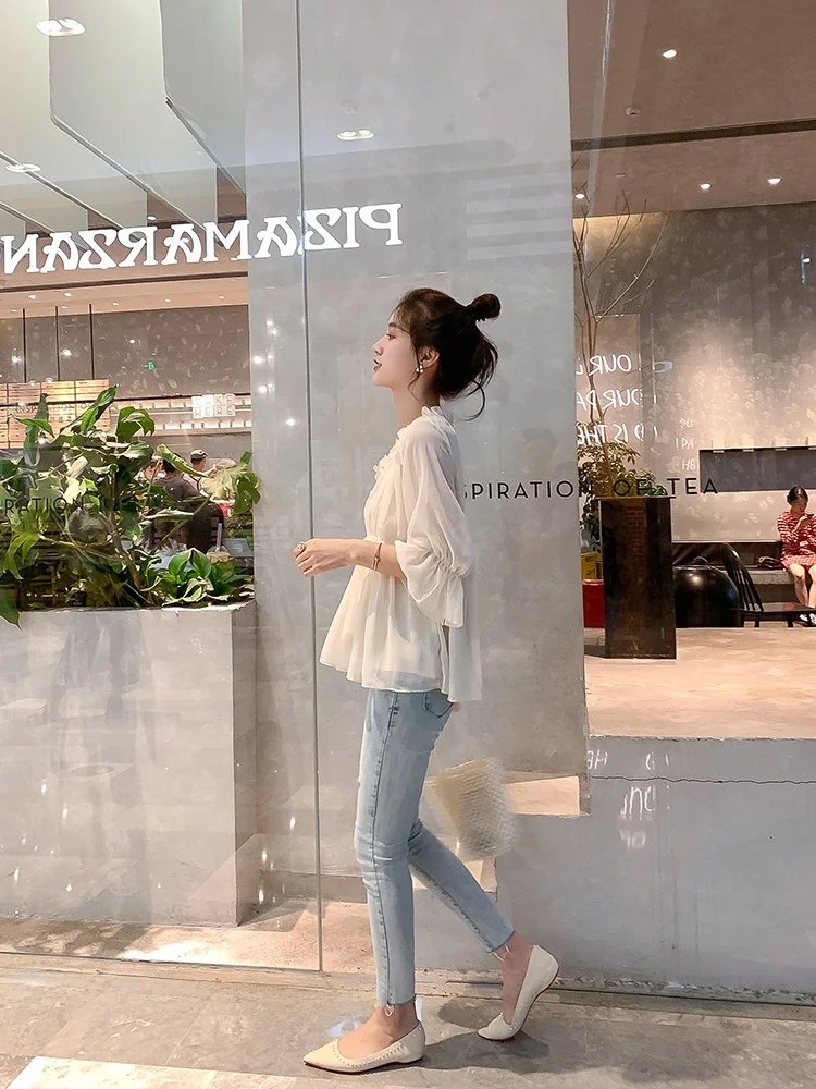 

Chiffon Shirt Women Summer Short Sleeve V-Neck Fairy Doll Top Seven-Quarter Sleeve Blouse Spring Autumn Korean Style Loose Fit