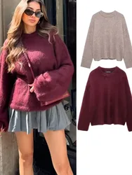 Women's Autumn Winter Solid Faux Mohair Khaki Pullover Sweater Female Elegant Loose Warm O Neck Knitted Cropped Sweater