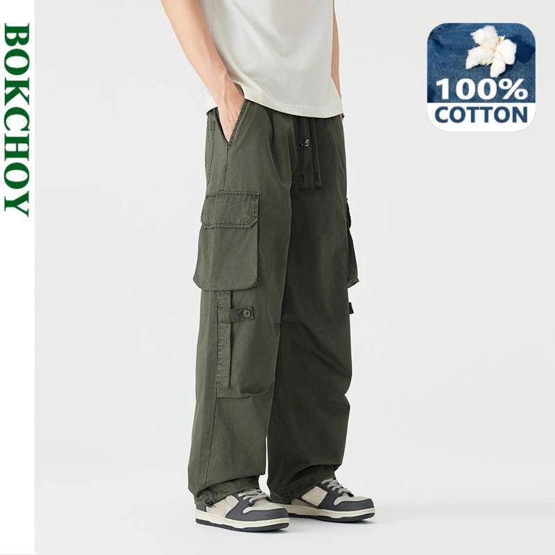 2026 Spring Summer New Multi-pockets Cargo Pure Cotton Straight Pant for Men Casual Drawstring Pants GF258113B
