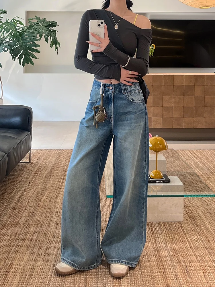 

High Waist Straight Leg Denim Jeans Women's Spring 2026 Wide Leg Pants Blue Loose Slimming No Stretch Floor Length