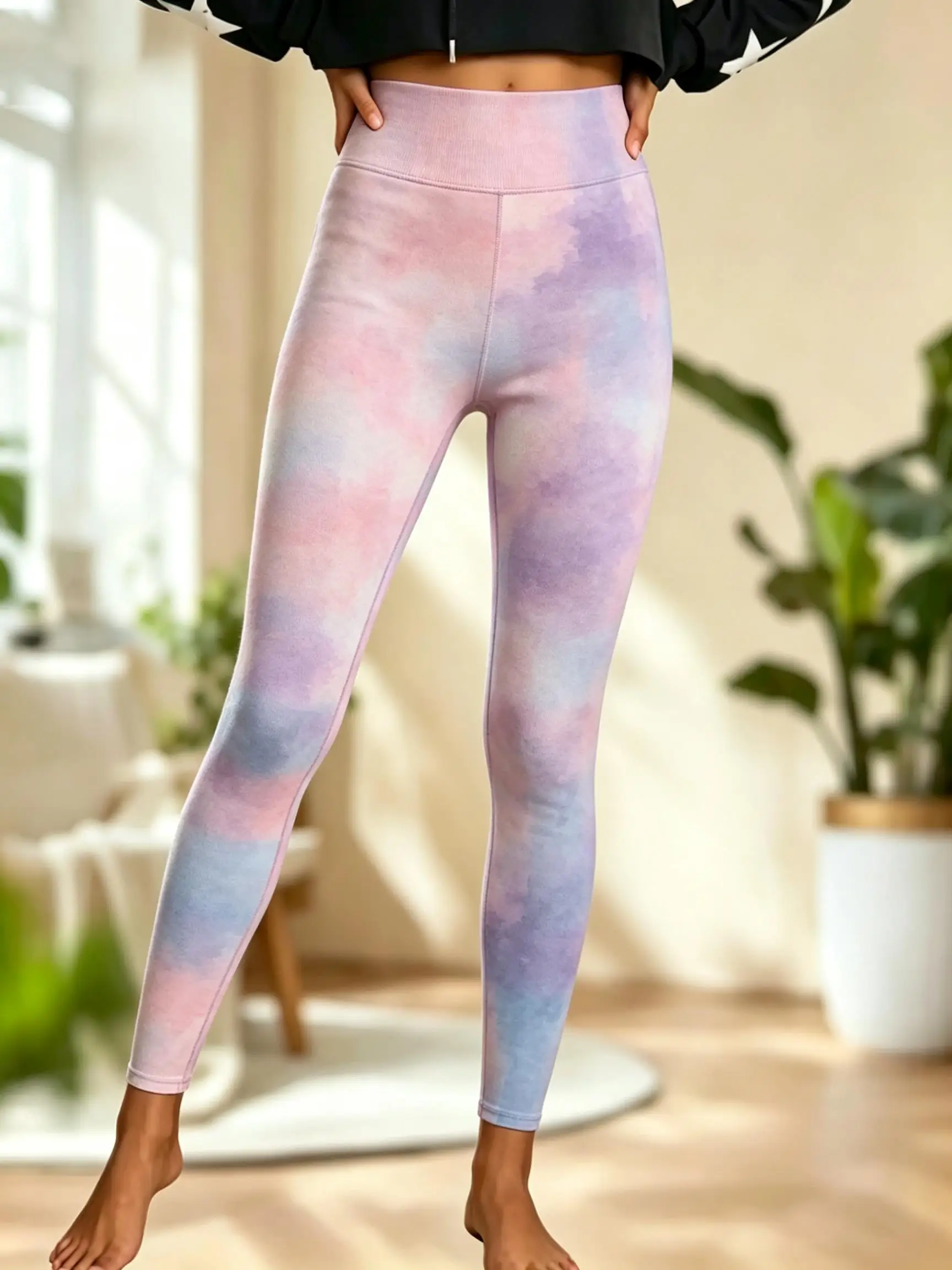 Women Fleece‑Lined Mid‑Rise Leggings Purple Marble Gold Foil Swirl Print Slim Warm Pants