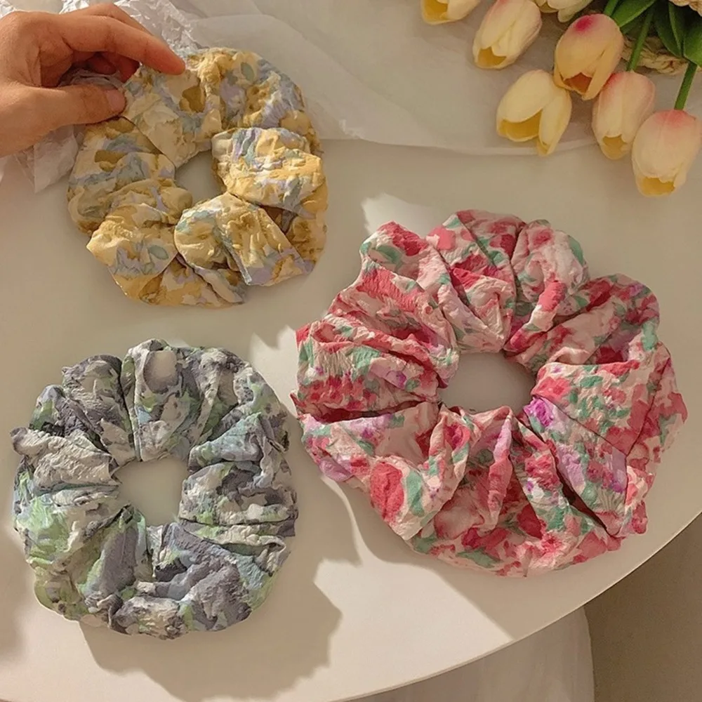 French Romantic Idyllic Floral Scrunchies Flowers Wrinkled Large Hair Ties Ropes Gray Yellow Elegant Ponytail Holder Headwear