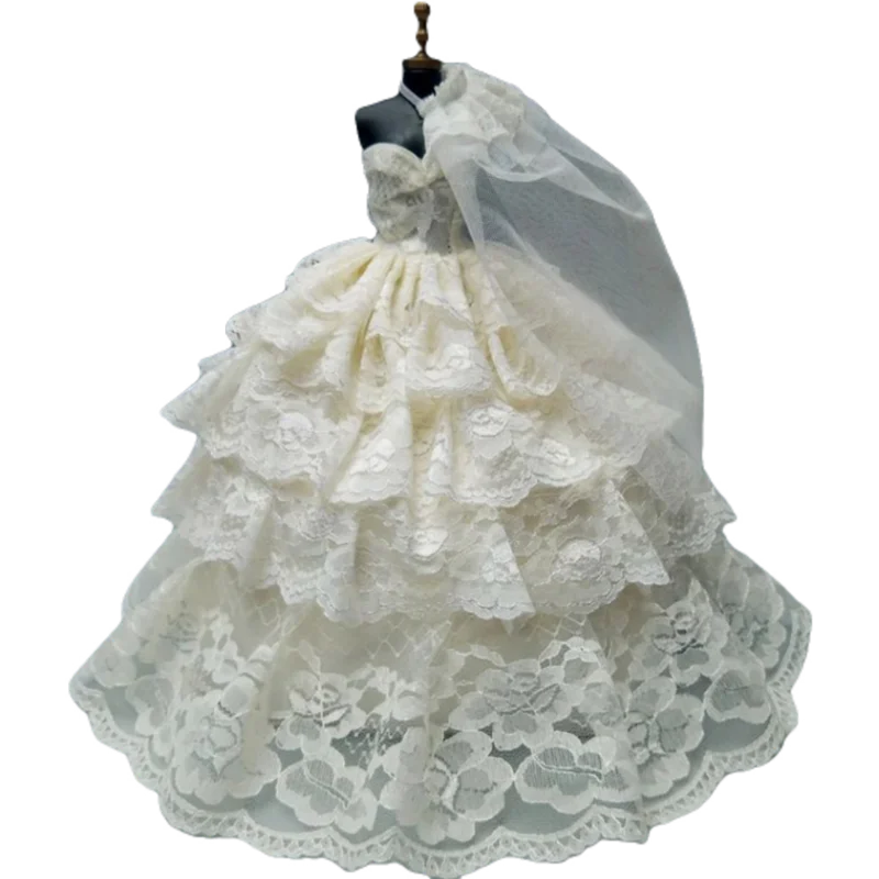 

Free shipping gift bride dress for barbie doll white wedding dress with veil