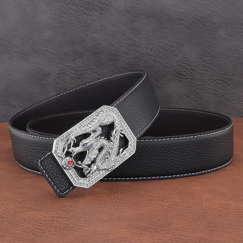 Hebilla lisa de dragón chino para hombre, cinturón de cuero genuino, diseño de lujo, Ceinture de alta calidad