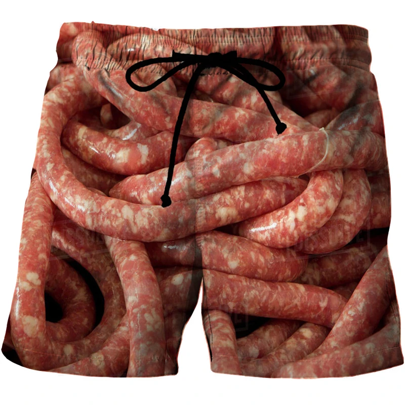 New Gourmet Food Graphic Beach Grilled Sausage Shorts For Men 3D Printed Sausage Boardshorts Men Women Meat Sausage Short Pants