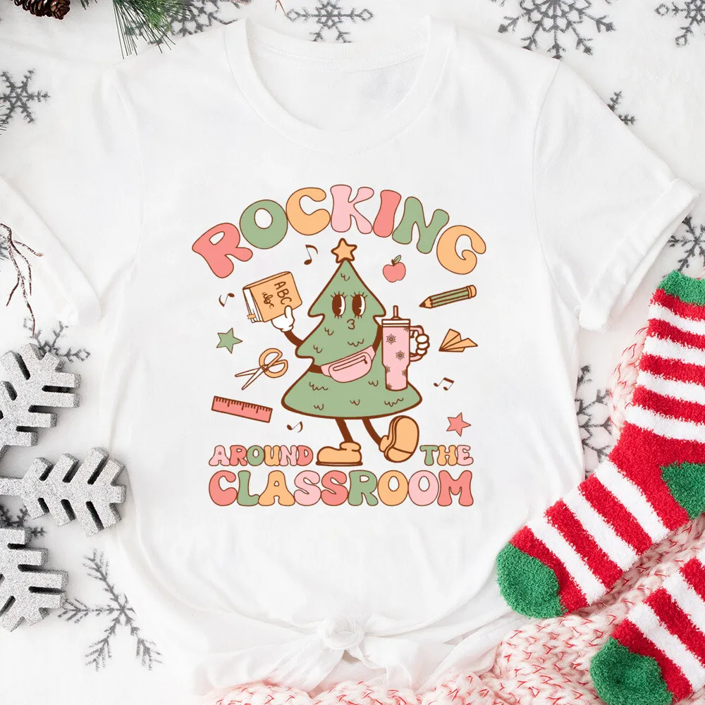 Merry Teacher Printed Shirt Christmas Teacher T-shirt Outfit Tee Xmas Gift for Teacher Cookie Teachers Short Sleeve Clothes Tops