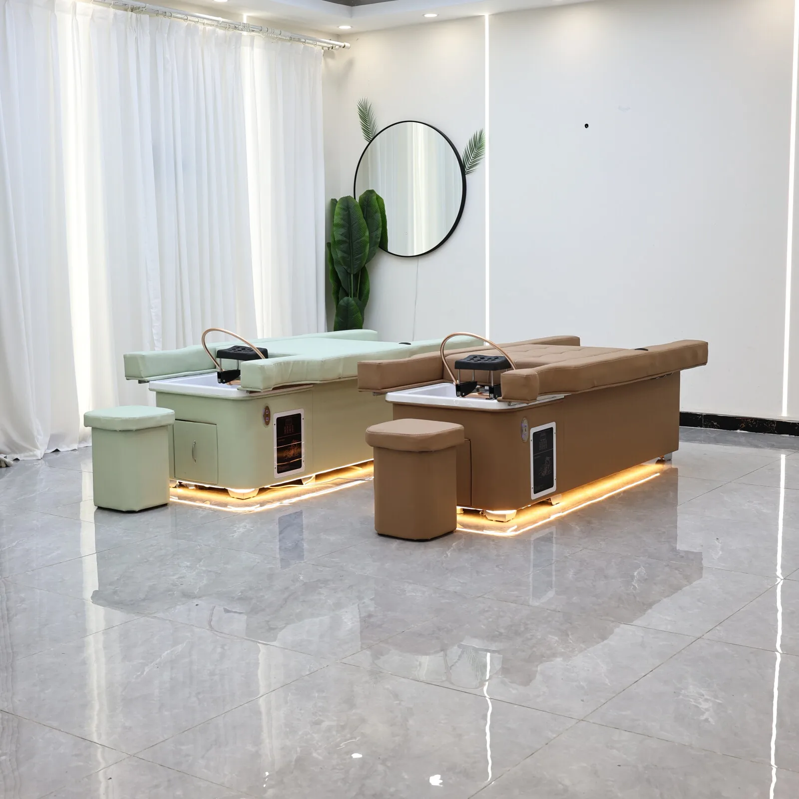 Elektrisches Shampoo-Liegebett in Erdtönen mit Massagefunktion – All-in-One-Salonstation mit Begasung, Fußbad und Haarwaschbecken – Detail 6