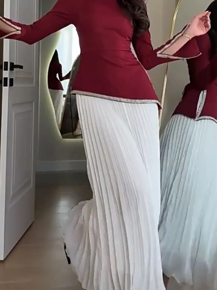 Women Fashion Draped Slim Long Skirt Outfits Casual Hight Waist Solid 2Pc Suit Elegant Stand Collar Long Sleeve Top & Skirt Set