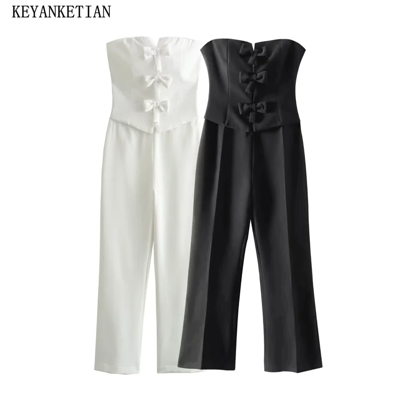 KEYANKETIAN-pantalones de mono de corsé para mujer, Pantalones rectos de cintura alta con decoración de lazo, cuello oblicuo, novedad de 2024