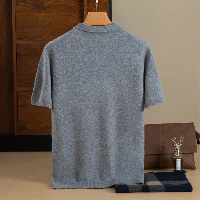 Men's Sweater 100% Merino Wool Knitted Short Sleeved Lapel Zipper Cashmere Pullover T-Shirt Business Casual Top Men's Clothing