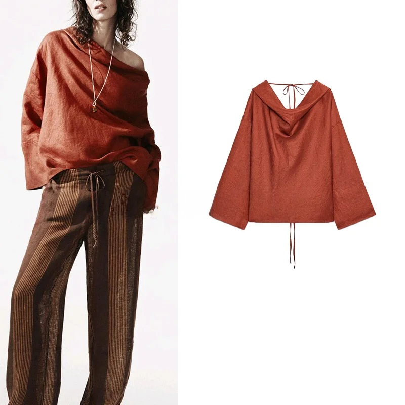 

Summer Women's Vaion Sle Long Sve irt Straight Hem Mix Fabric Drape Collar Top Commute Sle Loose Fit Pure Color