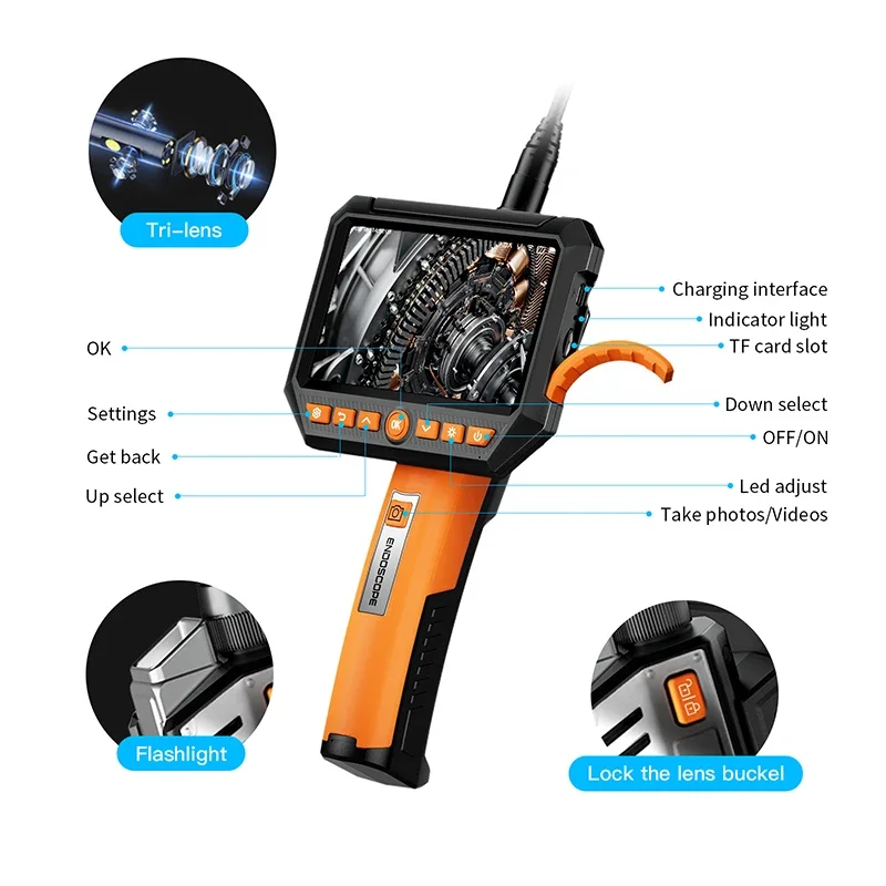 Model Baru Inskam 5.5Mm Pipa Borescope 5 Inci HD LCD Video Genggam Kamera Endoskopi Inspeksi Industri
